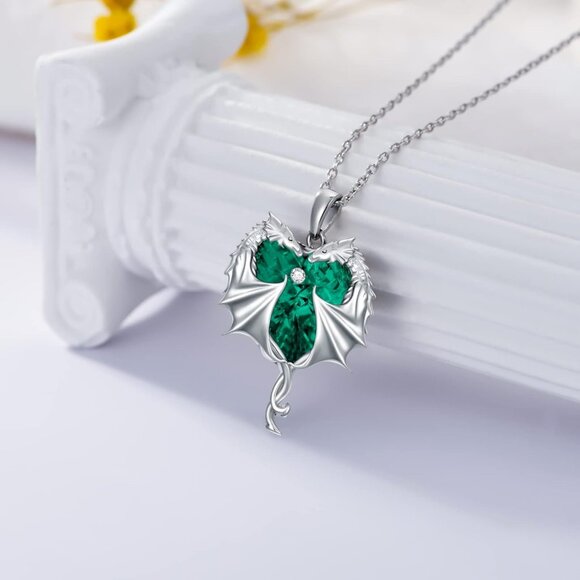 925 Sterling Silver Green Heart Dragon Necklace for Women Girls with Austrian Cr - Picture 2 of 7